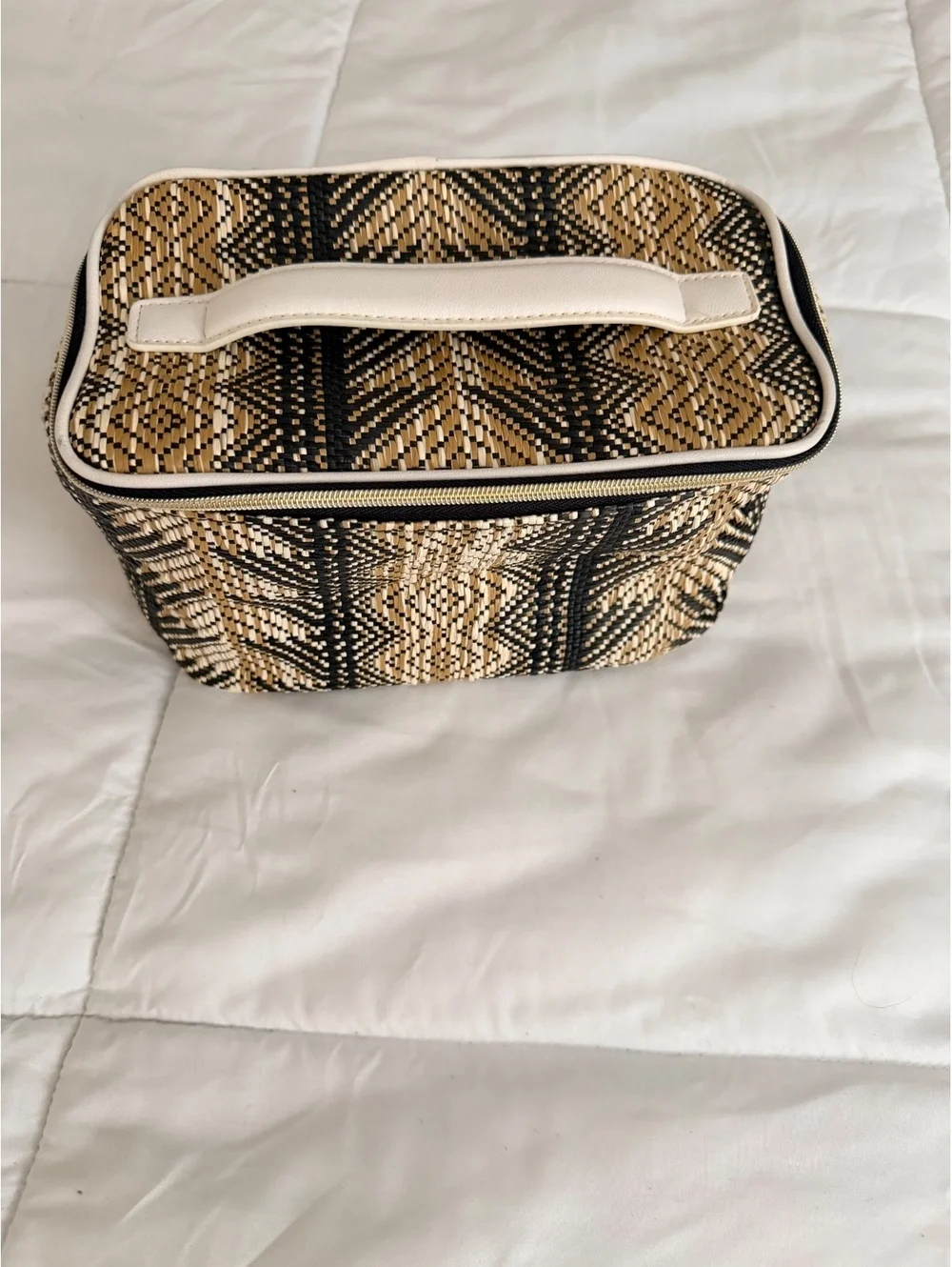 Woven Patterned Cosmetic or Toiletry Bag with White Handle